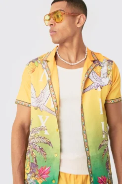 Short Sleeve Satin Ombre Palm Shirt & Short | BoohooMAN UK