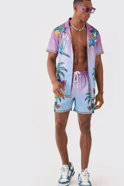 Short Sleeve Satin Ombre Palm Shirt & Short | BoohooMAN UK
