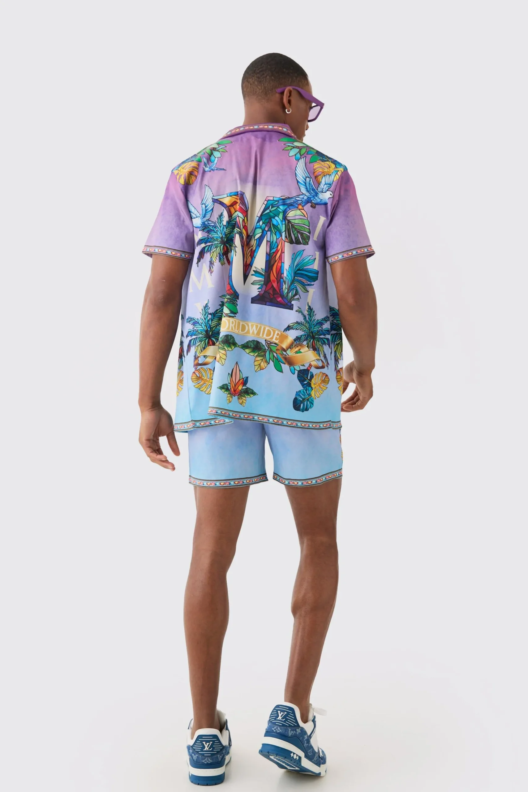 Short Sleeve Satin Ombre Palm Shirt & Short | BoohooMAN UK