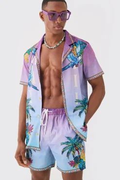 Short Sleeve Satin Ombre Palm Shirt & Short | BoohooMAN UK