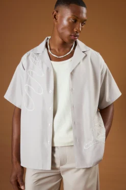 Short Sleeve Satin Oversized Monogram Shirt | BoohooMAN UK
