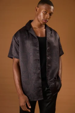 Short Sleeve Satin Oversized Monogram Shirt | BoohooMAN UK