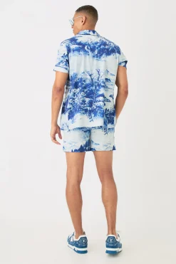 Short Sleeve Satin Tile Shirt & Short | BoohooMAN UK
