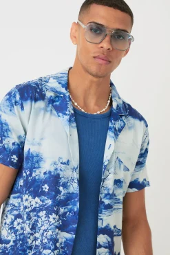 Short Sleeve Satin Tile Shirt & Short | BoohooMAN UK