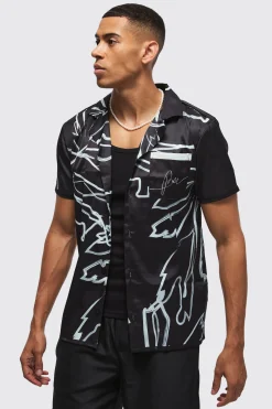 Short Sleeve Satin Tonal Palm Shirt | BoohooMAN UK