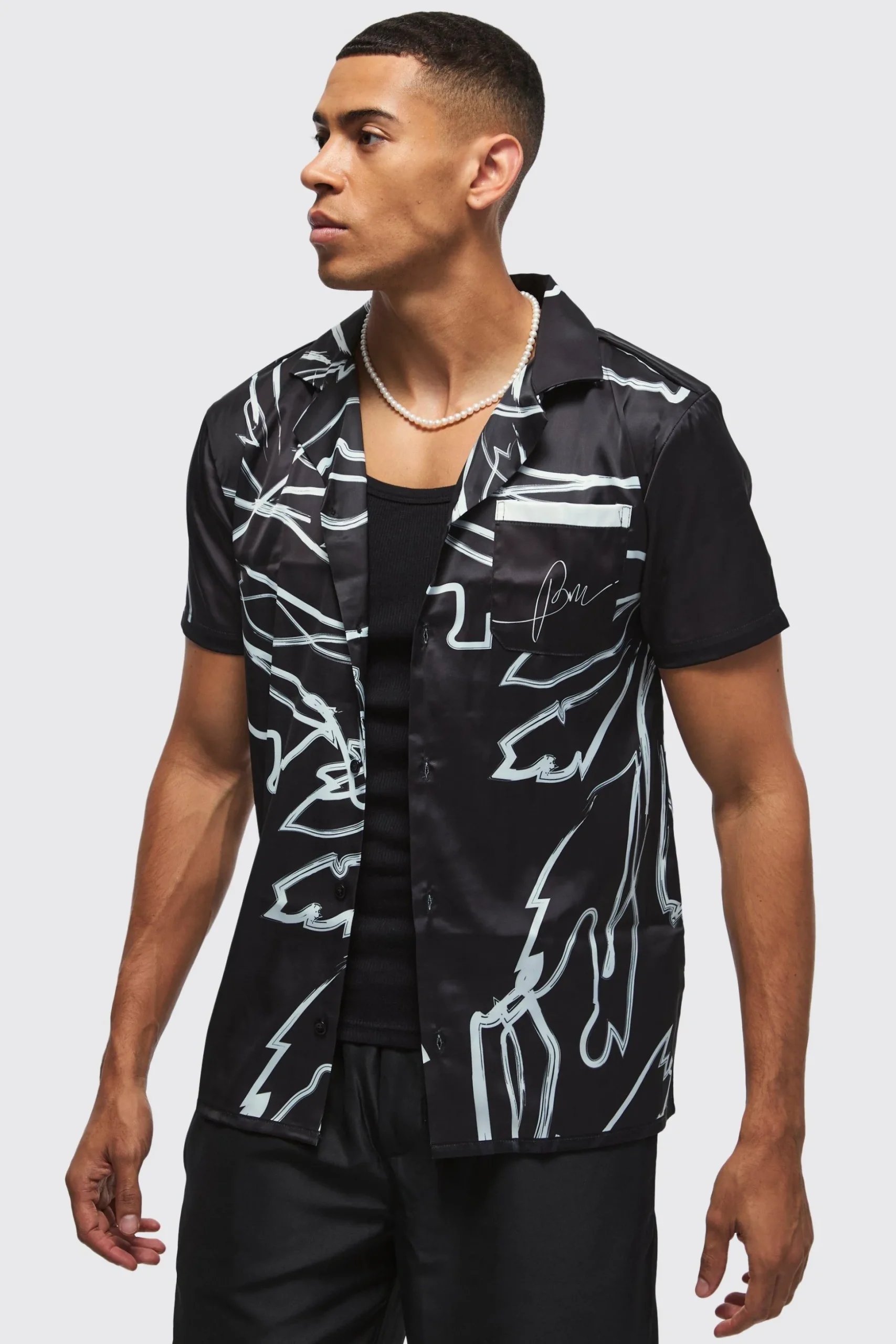 Short Sleeve Satin Tonal Palm Shirt | BoohooMAN UK