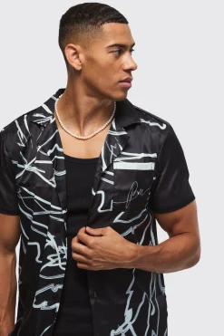 Short Sleeve Satin Tonal Palm Shirt | BoohooMAN UK