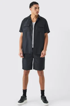 Short Sleeve Soft Twill Overshirt And Short Set | BoohooMAN UK