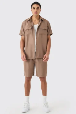 Short Sleeve Soft Twill Overshirt And Short Set | BoohooMAN UK