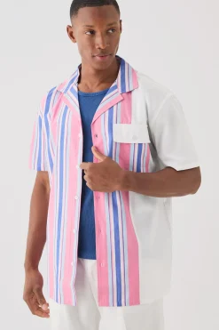 Short Sleeve Spliced Stripe Shirt | BoohooMAN UK
