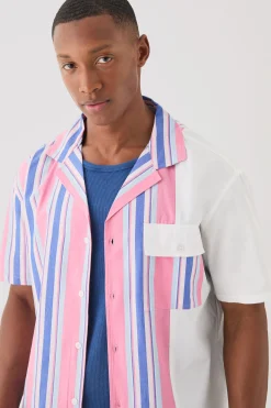 Short Sleeve Spliced Stripe Shirt | BoohooMAN UK