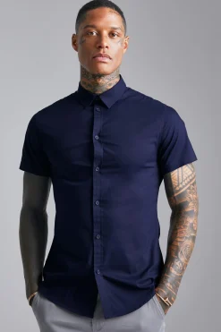 Short Sleeve Stretch Fit Shirt | BoohooMAN UK