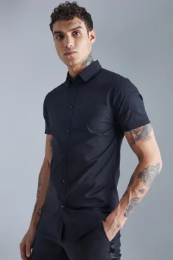 Short Sleeve Stretch Fit Shirt | BoohooMAN UK