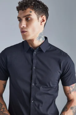 Short Sleeve Stretch Fit Shirt | BoohooMAN UK