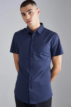 Short Sleeve Stretch Fit Shirt | BoohooMAN UK