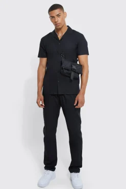 Short Sleeve Stretch Shirt & Slim Trouser | BoohooMAN UK