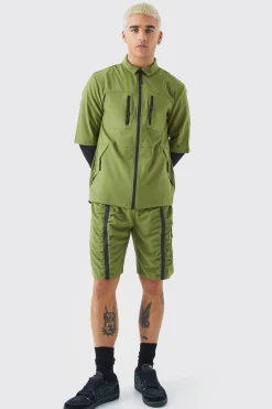 Short Sleeve Technical Utility Shirt & Short Set | BoohooMAN UK