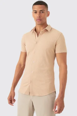 Short Sleeve Textured Detail Muscle Fit Shirt | BoohooMAN UK