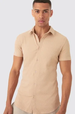 Short Sleeve Textured Detail Muscle Fit Shirt | BoohooMAN UK