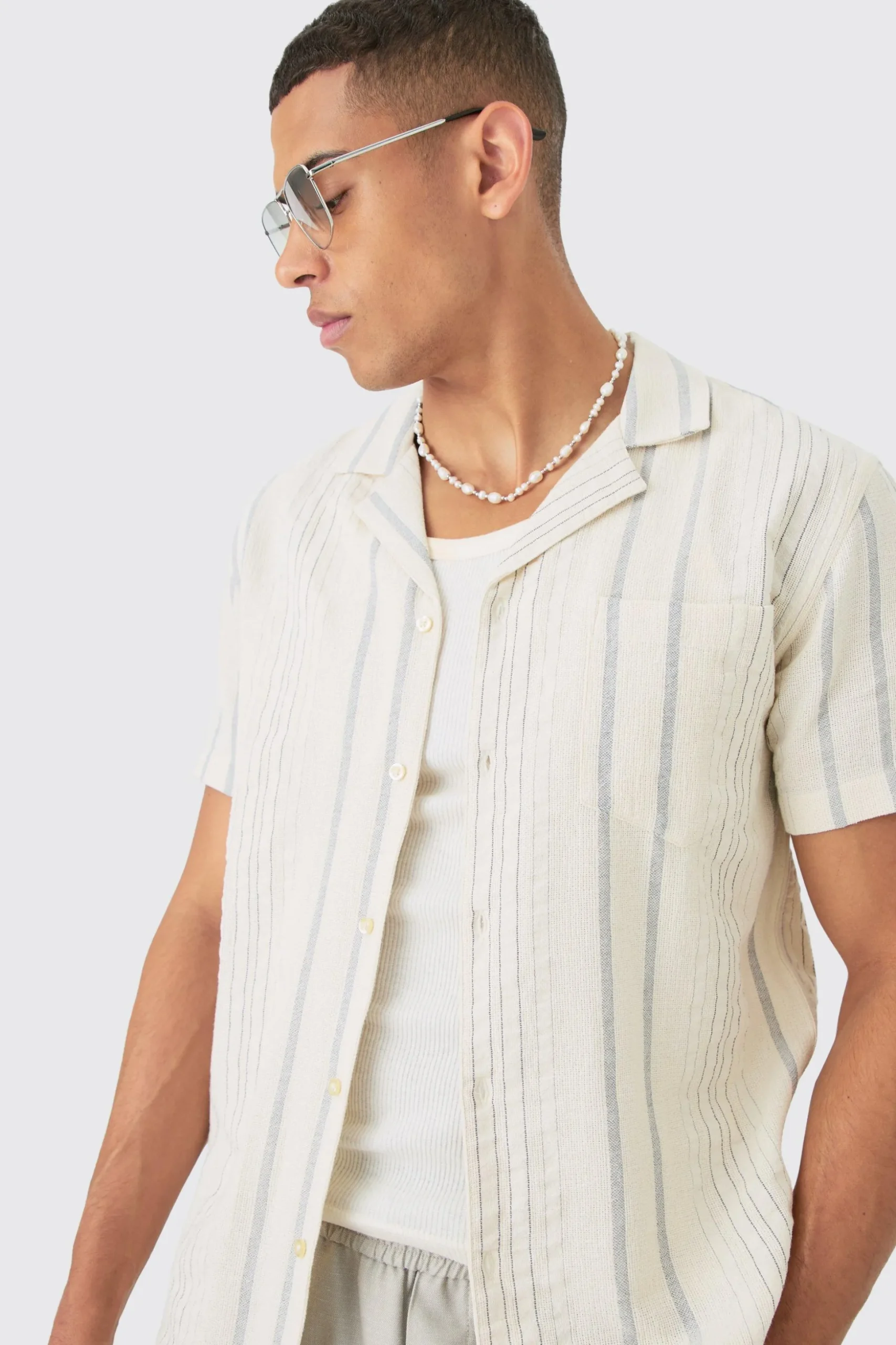Short Sleeve Textured Multi Stripe Pocket Shirt | BoohooMAN UK