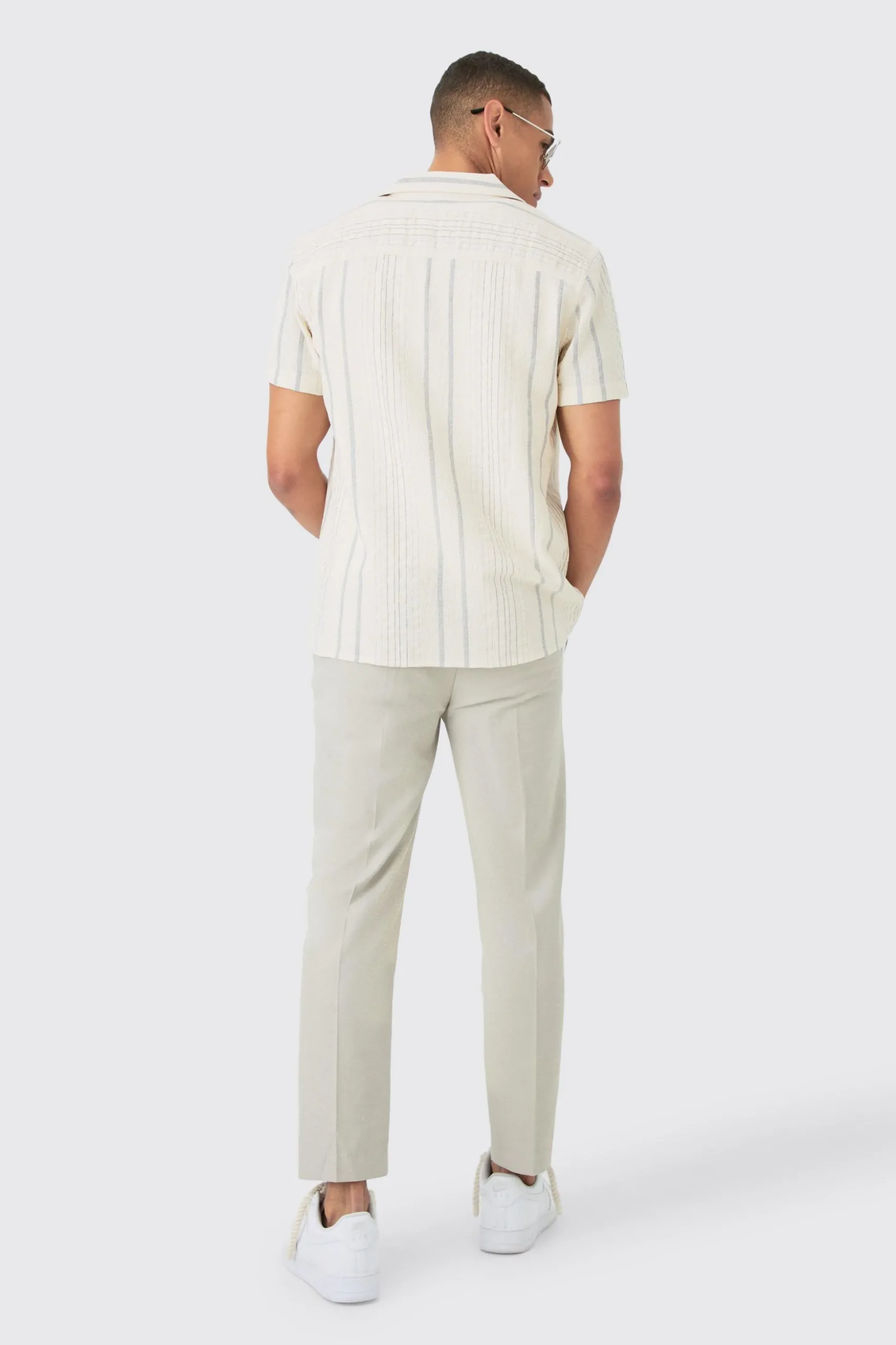 Short Sleeve Textured Multi Stripe Pocket Shirt | BoohooMAN UK