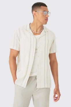 Short Sleeve Textured Multi Stripe Pocket Shirt | BoohooMAN UK