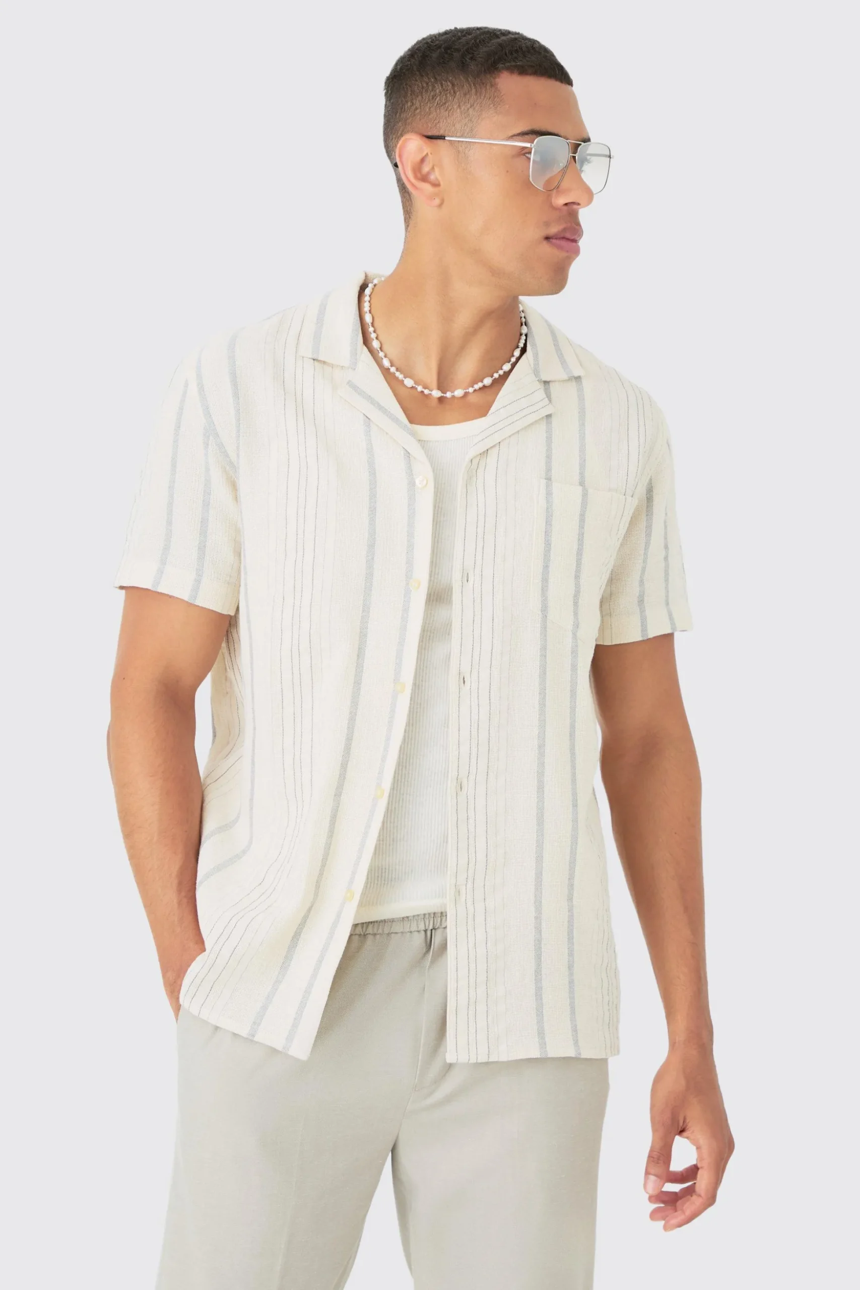 Short Sleeve Textured Multi Stripe Pocket Shirt | BoohooMAN UK