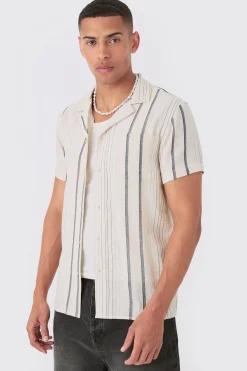 Short Sleeve Textured Multi Stripe Pocket Shirt | BoohooMAN UK