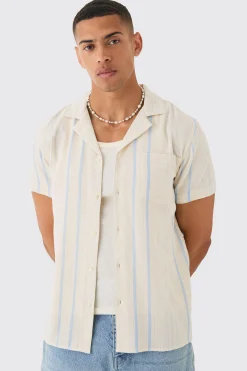 Short Sleeve Textured Multi Stripe Pocket Shirt | BoohooMAN UK