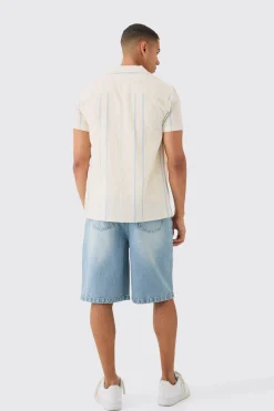 Short Sleeve Textured Multi Stripe Pocket Shirt | BoohooMAN UK
