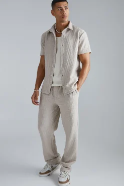 Short Sleeve Textured Stretch Shirt And Trousers Set | BoohooMAN UK