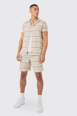 Short Sleeve Textured Stripe Shirt & Short Set | BoohooMAN UK