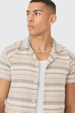 Short Sleeve Textured Stripe Shirt & Short Set | BoohooMAN UK