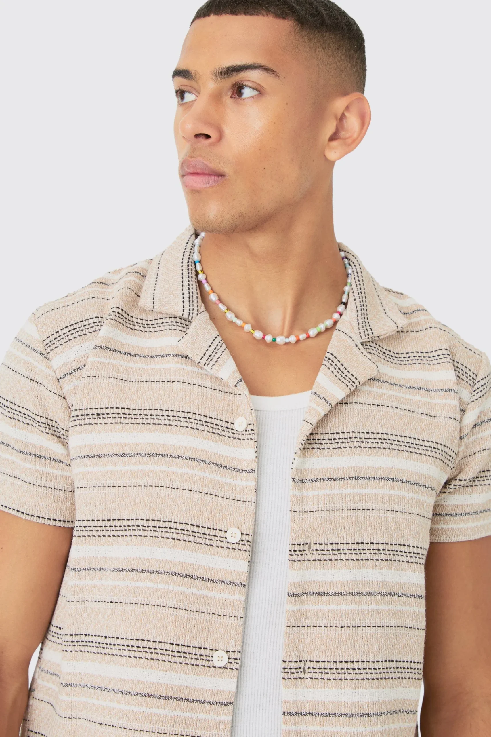 Short Sleeve Textured Stripe Shirt & Short Set | BoohooMAN UK