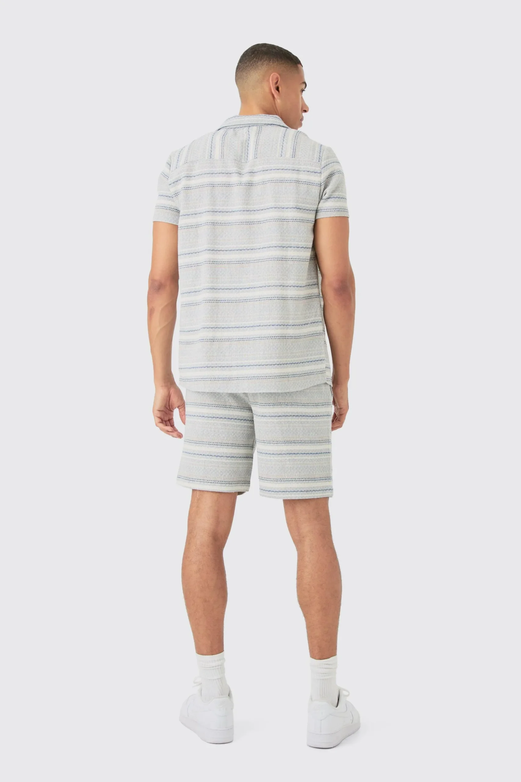 Short Sleeve Textured Stripe Shirt & Short Set | BoohooMAN UK