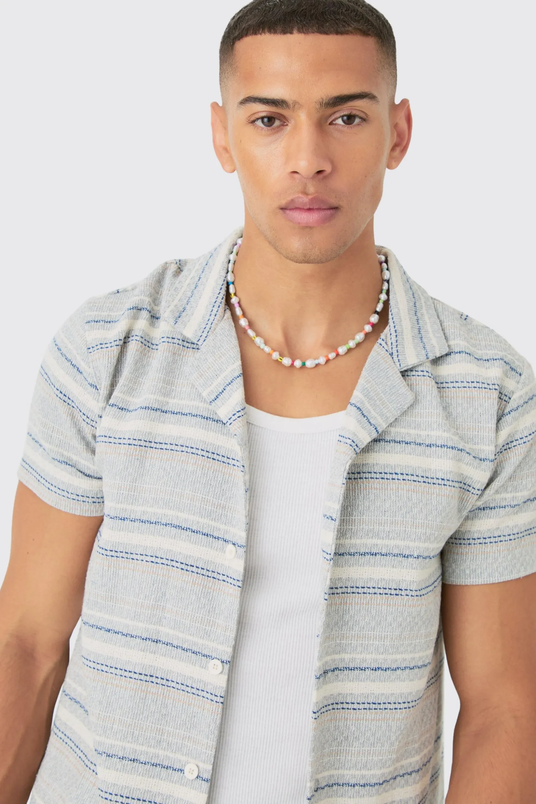 Short Sleeve Textured Stripe Shirt & Short Set | BoohooMAN UK
