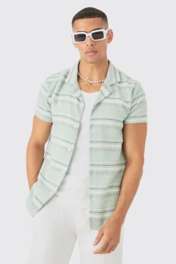 Short Sleeve Textured Stripe Shirt | BoohooMAN UK