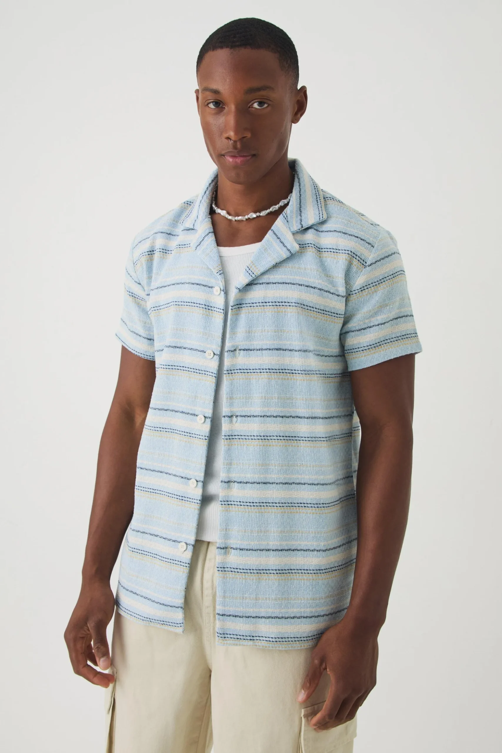 Short Sleeve Textured Stripe Shirt | BoohooMAN UK