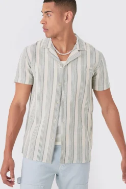 Short Sleeve Textured Tonal Stripe Shirt | BoohooMAN UK