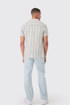 Short Sleeve Textured Tonal Stripe Shirt | BoohooMAN UK
