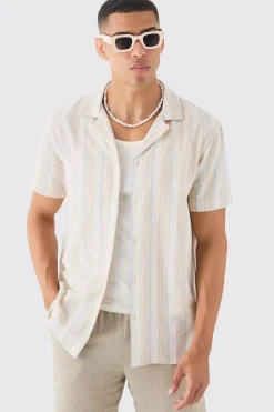 Short Sleeve Textured Tonal Stripe Shirt | BoohooMAN UK