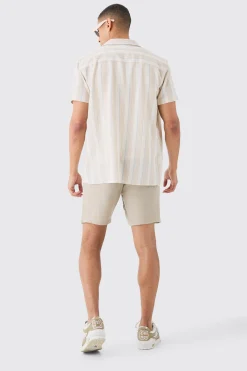 Short Sleeve Textured Tonal Stripe Shirt | BoohooMAN UK