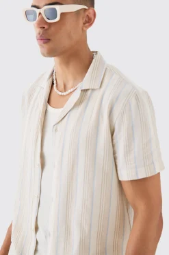 Short Sleeve Textured Tonal Stripe Shirt | BoohooMAN UK
