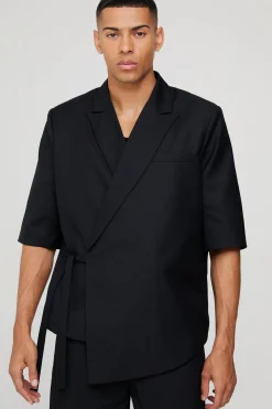 Short Sleeve Tie Side Oversized Blazer | BoohooMAN UK
