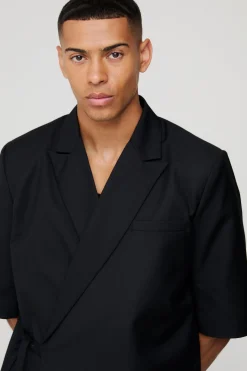 Short Sleeve Tie Side Oversized Blazer | BoohooMAN UK