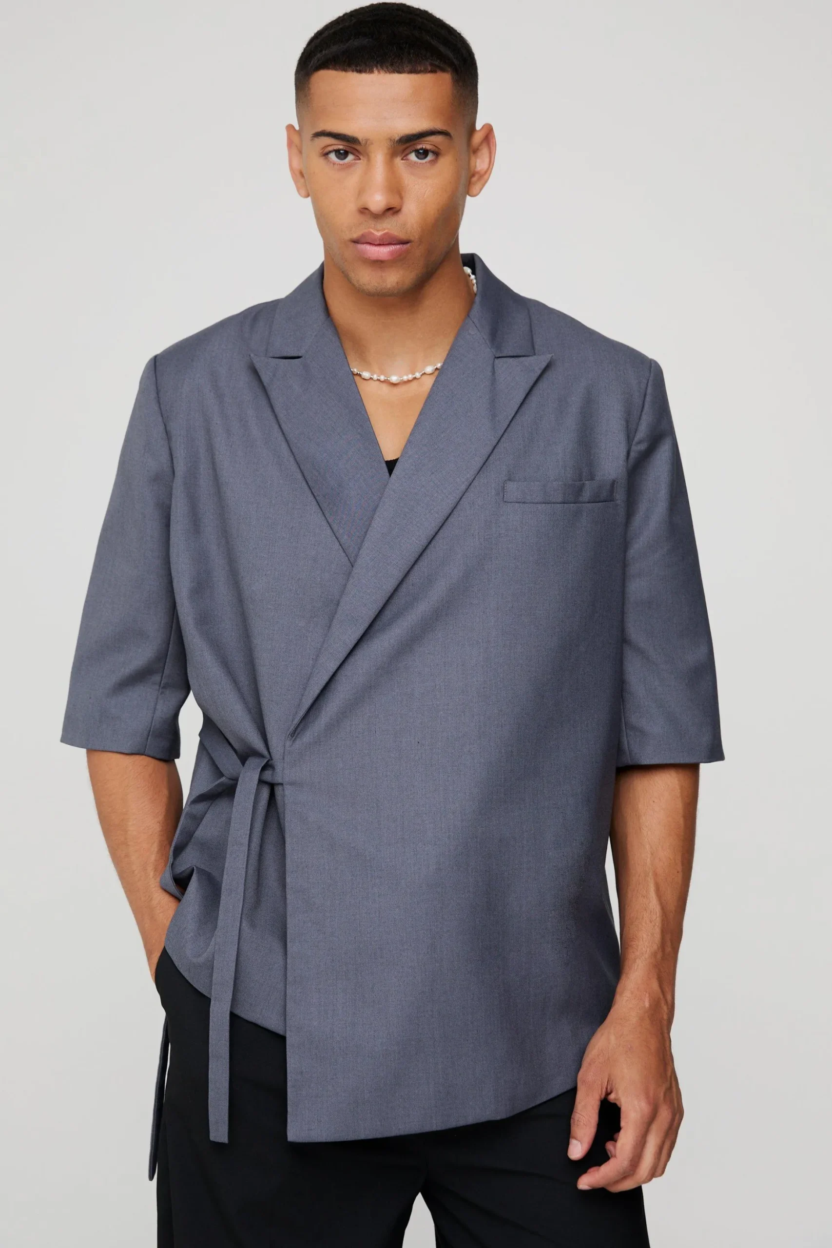 Short Sleeve Tie Side Oversized Blazer | BoohooMAN UK
