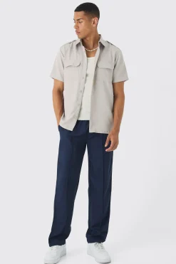Short Sleeve Utility Twill Shirt & Pintuck Trouser Set | BoohooMAN UK