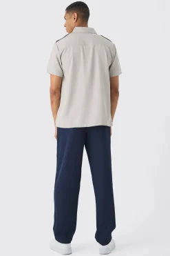 Short Sleeve Utility Twill Shirt & Pintuck Trouser Set | BoohooMAN UK