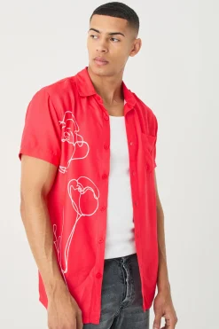 Short Sleeve Viscose Line Flower Shirt | BoohooMAN UK