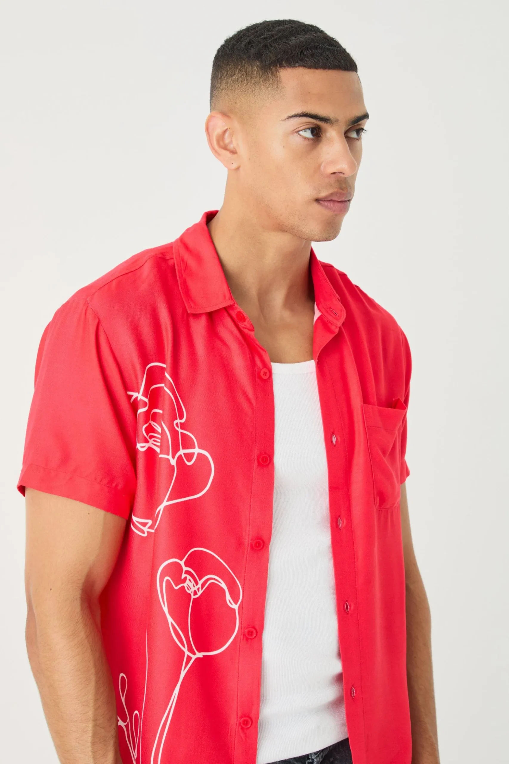 Short Sleeve Viscose Line Flower Shirt | BoohooMAN UK